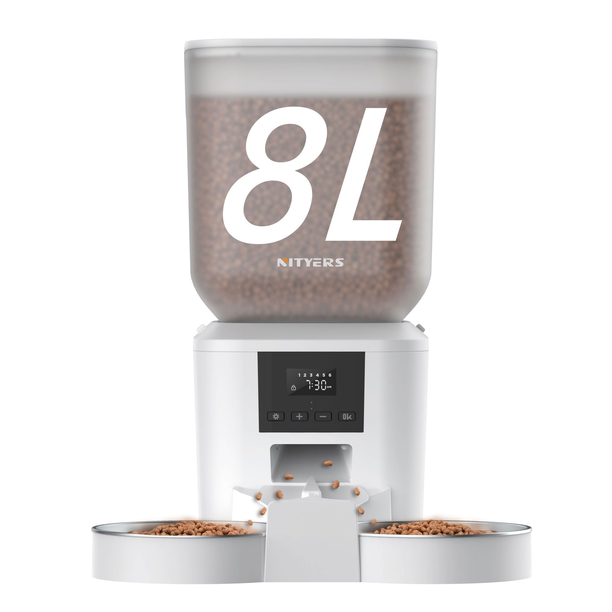 Nityers cat feeder 8L capacity keeps two cats fed while you're away.