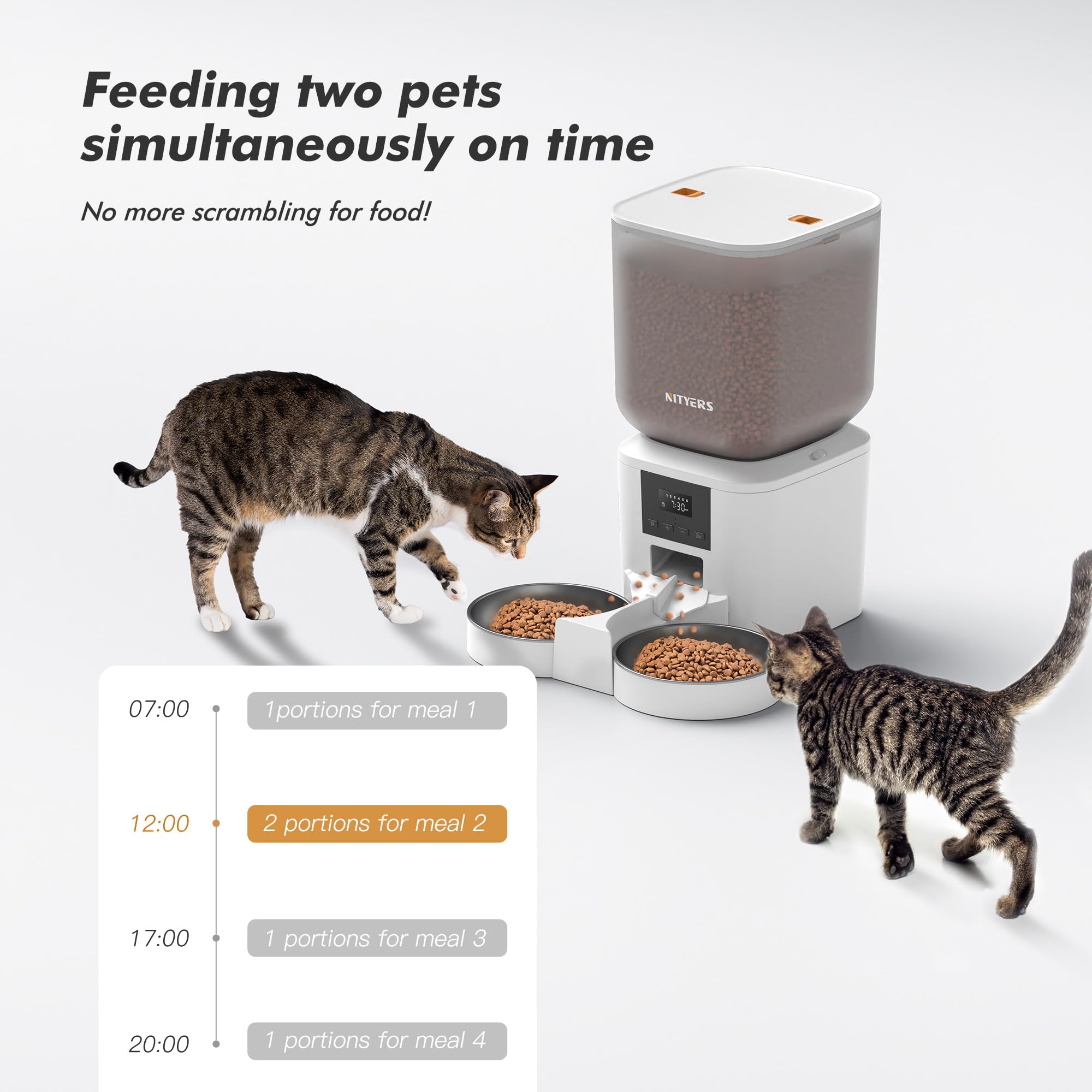 Nityers cat feeder LCD screen simplifies scheduling and monitoring meals.
