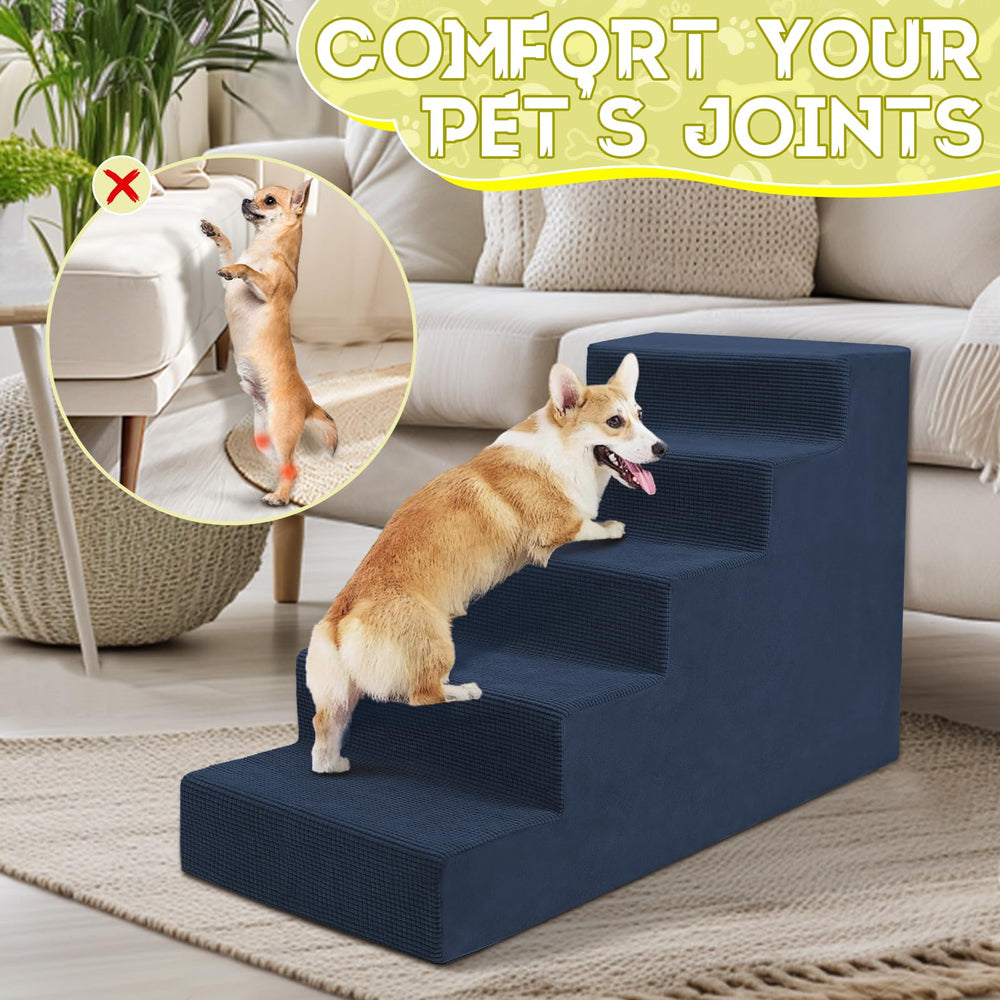 Niubya dog stairs navy 5-steps expanded height for high bed access.