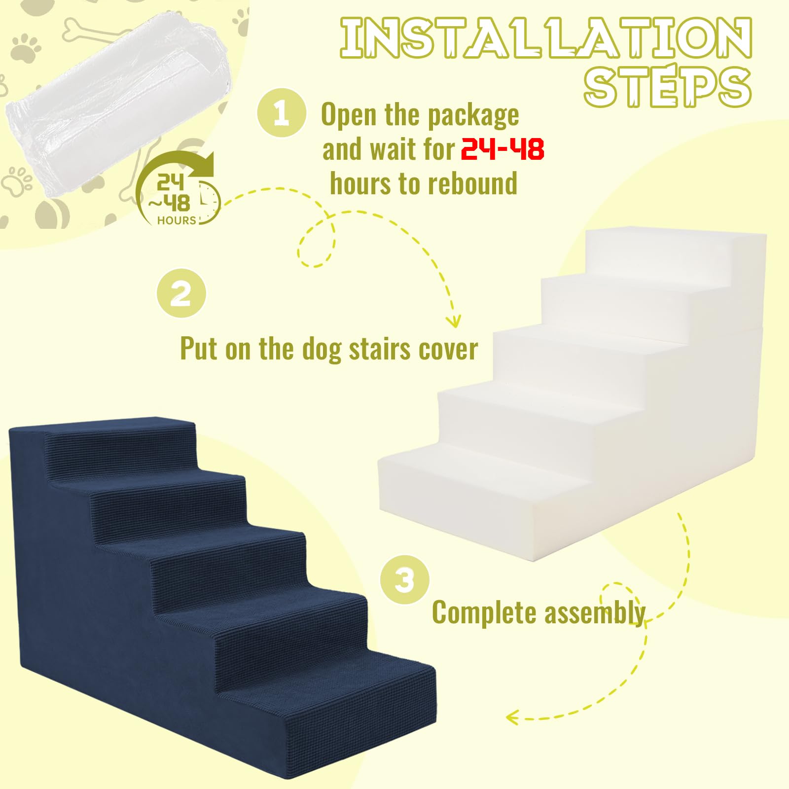 Niubya dog stairs navy 5-steps folded for storage beside couch.
