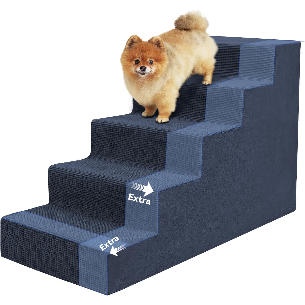 Niubya dog stairs navy 5-steps front view for easy bed access and pet safety.