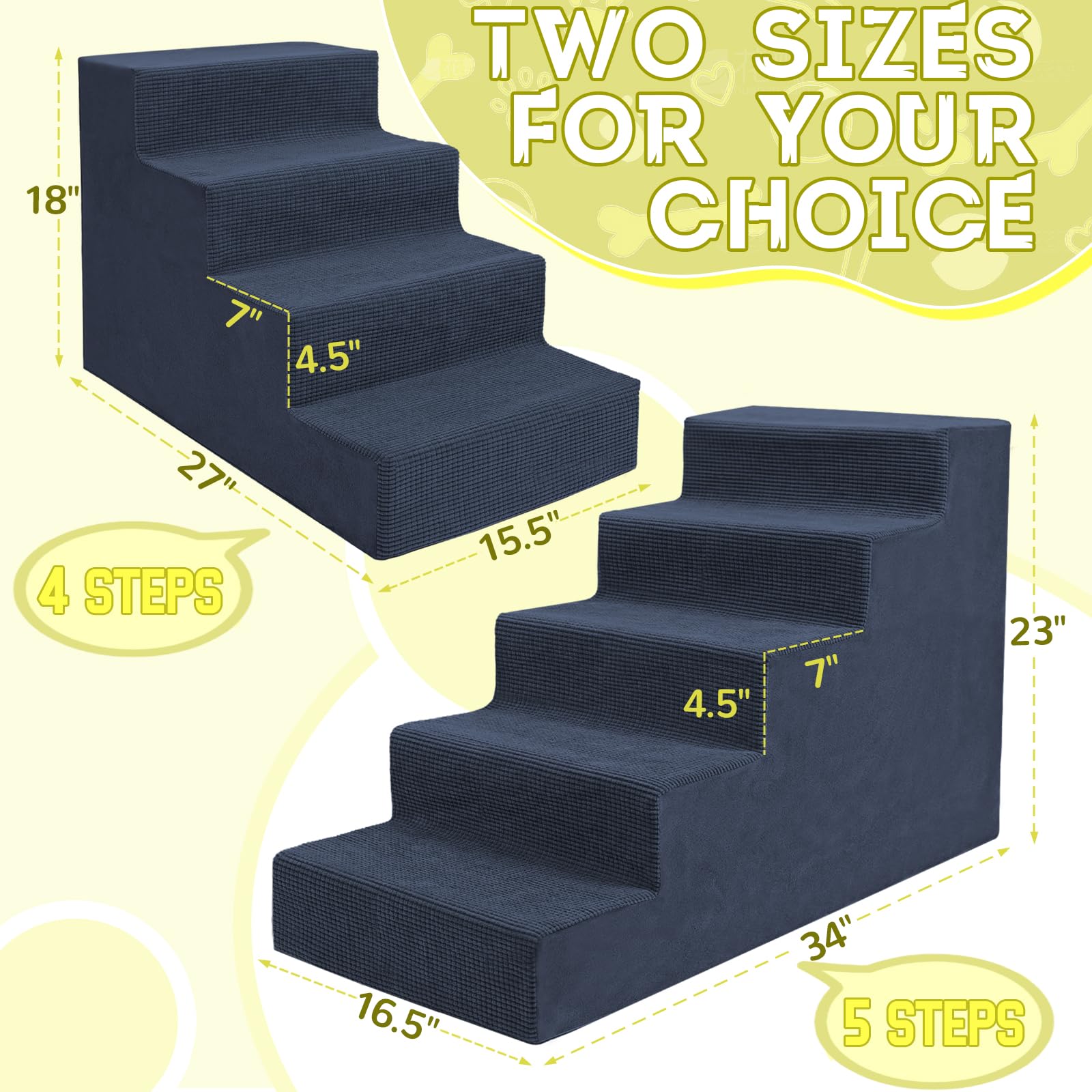 Niubya dog stairs navy 5-steps side view showcasing non-slip bottom stability.