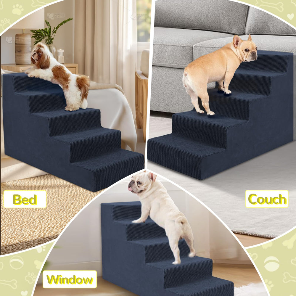 Niubya dog stairs navy 5-steps washable cover for easy cleaning.