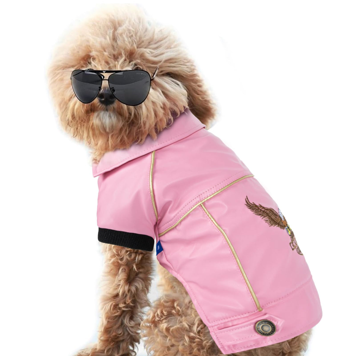 NIULA dog leather jacket pink front view—windproof warmth for chilly walks.