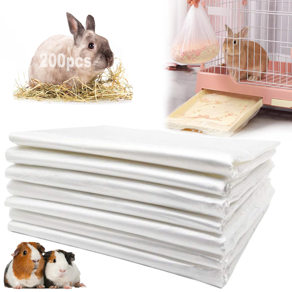 Niwaes packaging image shows the 200-piece disposable rabbit cage liner set for easy cleanup.