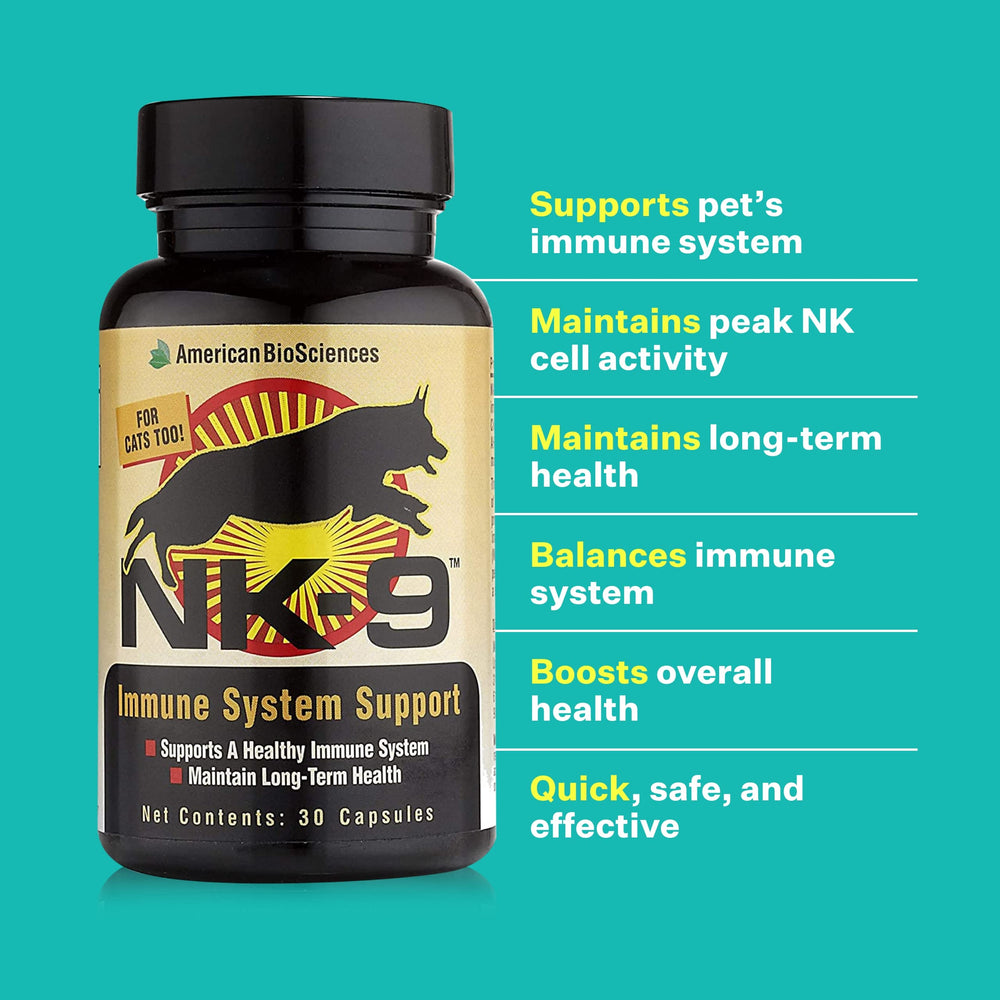 NK-9 bottle beside dog treats for daily immune support.