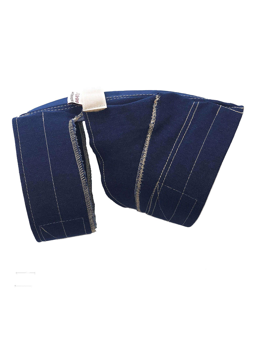 No Flap Ear Wrap denim folded sides illustrate easy access for ear checks mid-walk.