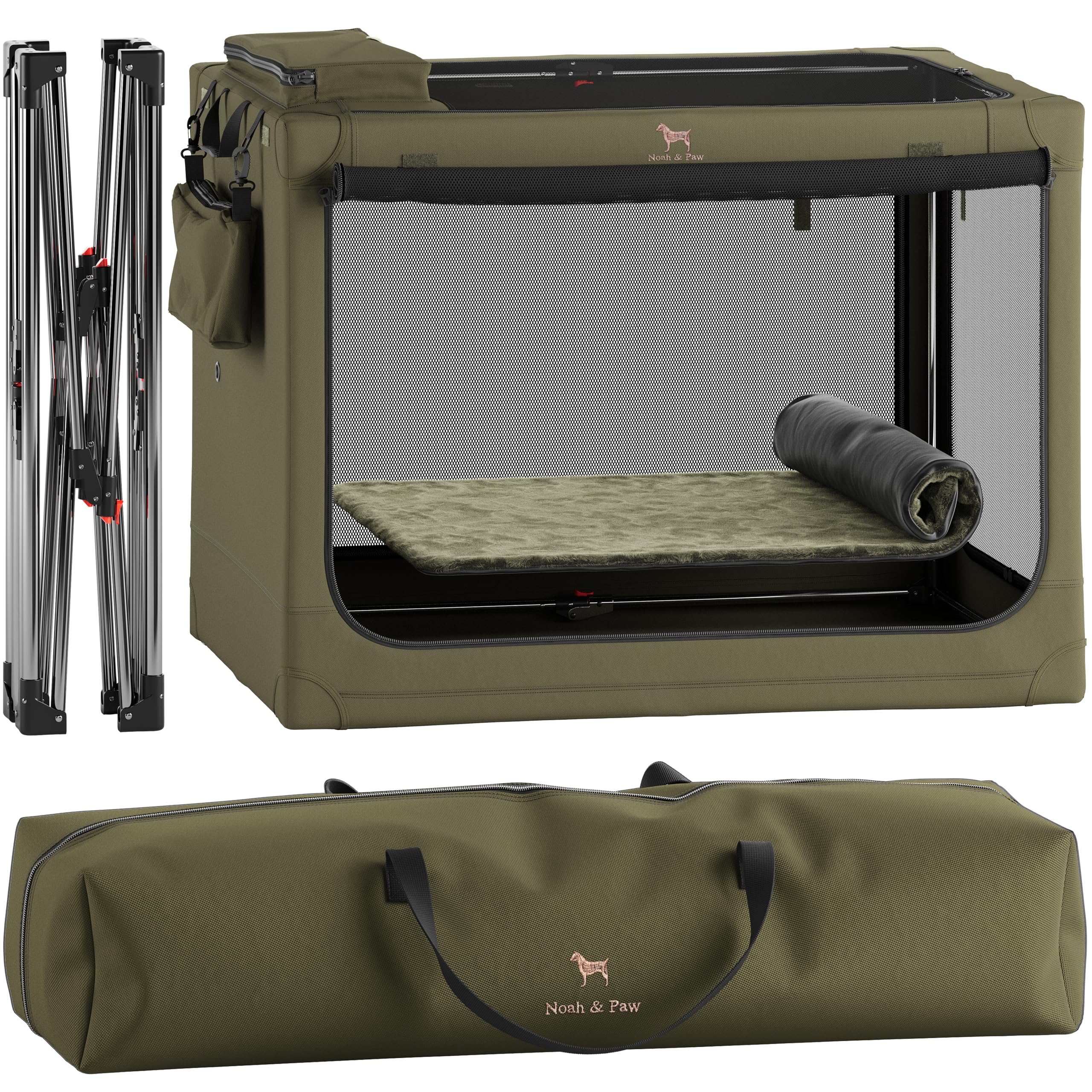 Noah & Paw collapsible dog crate side view highlights sturdy frame for XXL breeds.