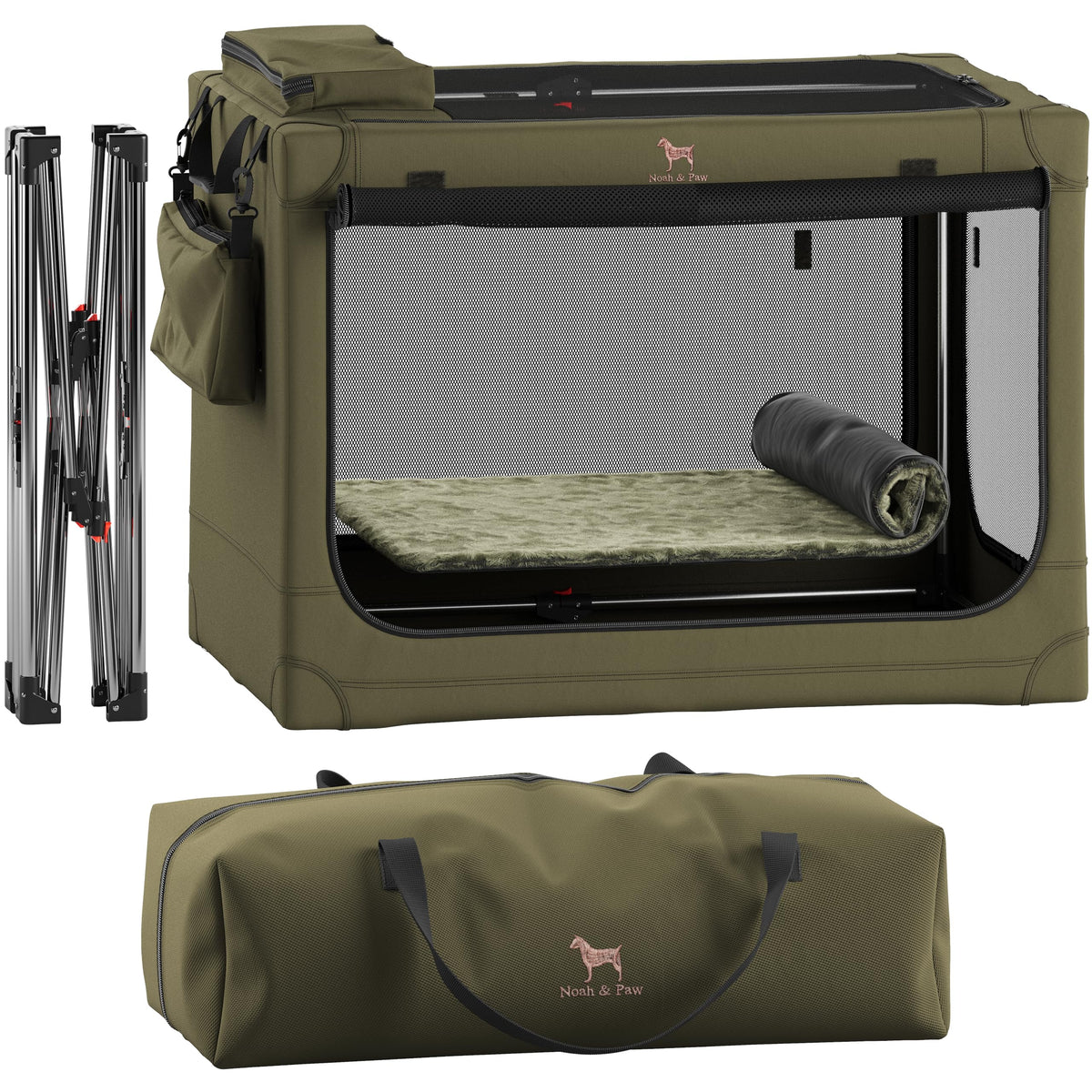 Noah & Paw collapsible crate folding mechanism enables fast setup for busy owners.