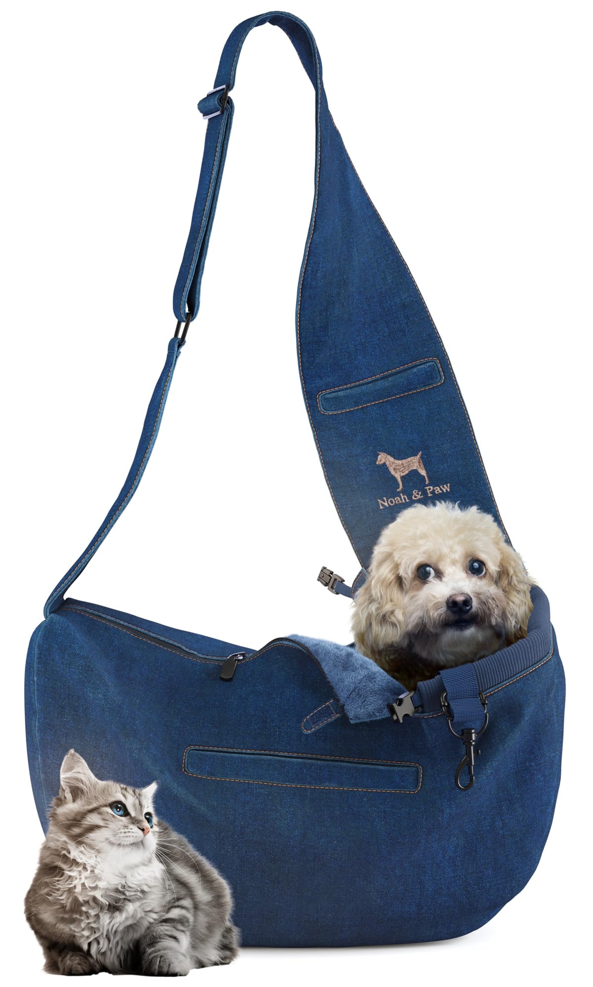 Noah & Paw dog sling carrier denim closeup shows premium material for comfortable outings.
