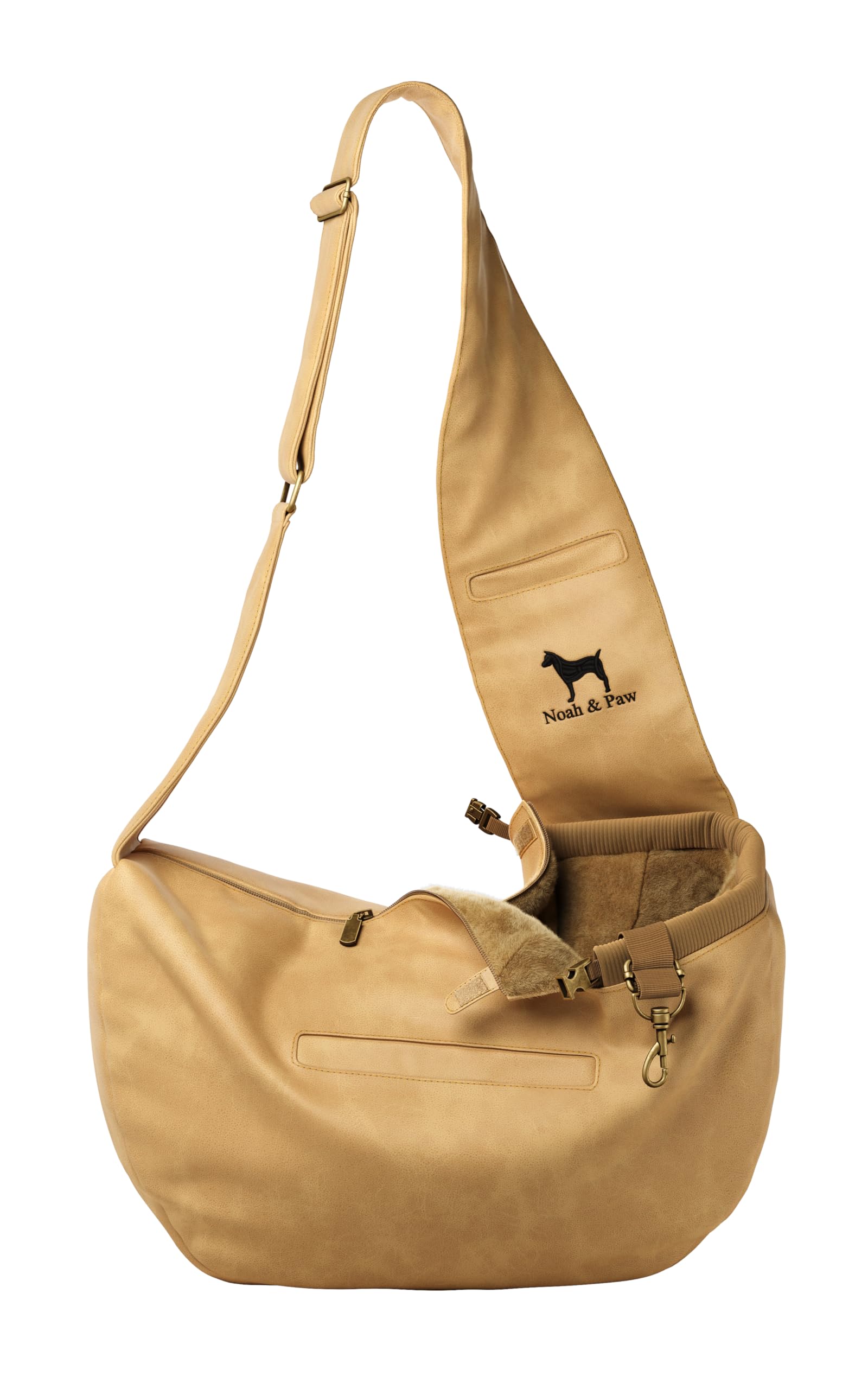 Noah & Paw dog sling front view highlights secure, stylish transport for small dogs.