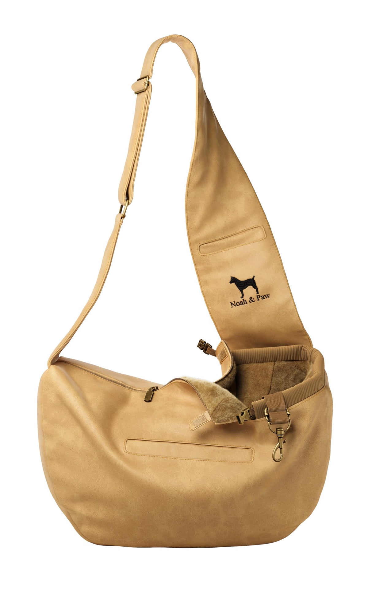 Noah & Paw dog sling front view highlights secure, stylish transport for small dogs.