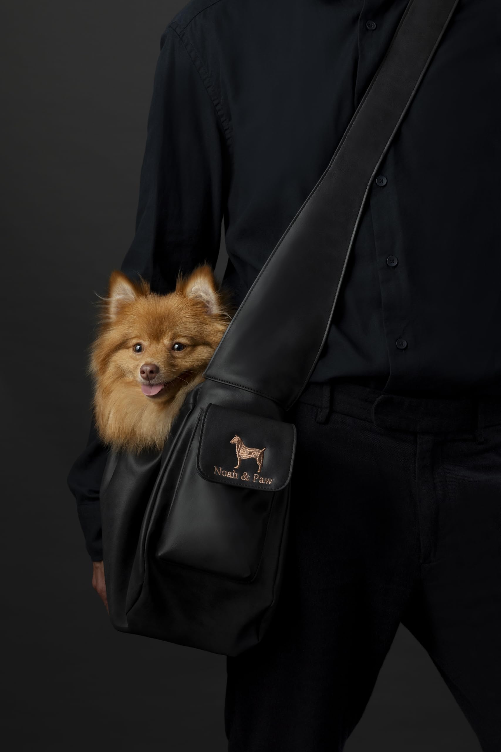 NOAH & PAW dog sling in use beside owner during outdoor strolls
