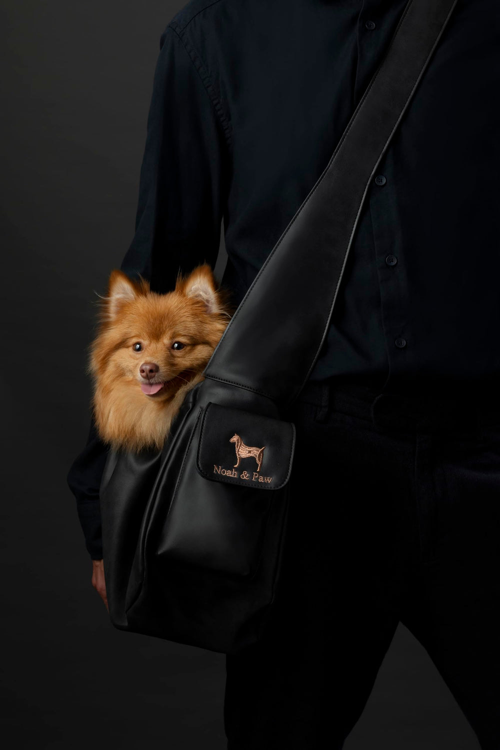 NOAH & PAW dog sling in use beside owner during outdoor strolls