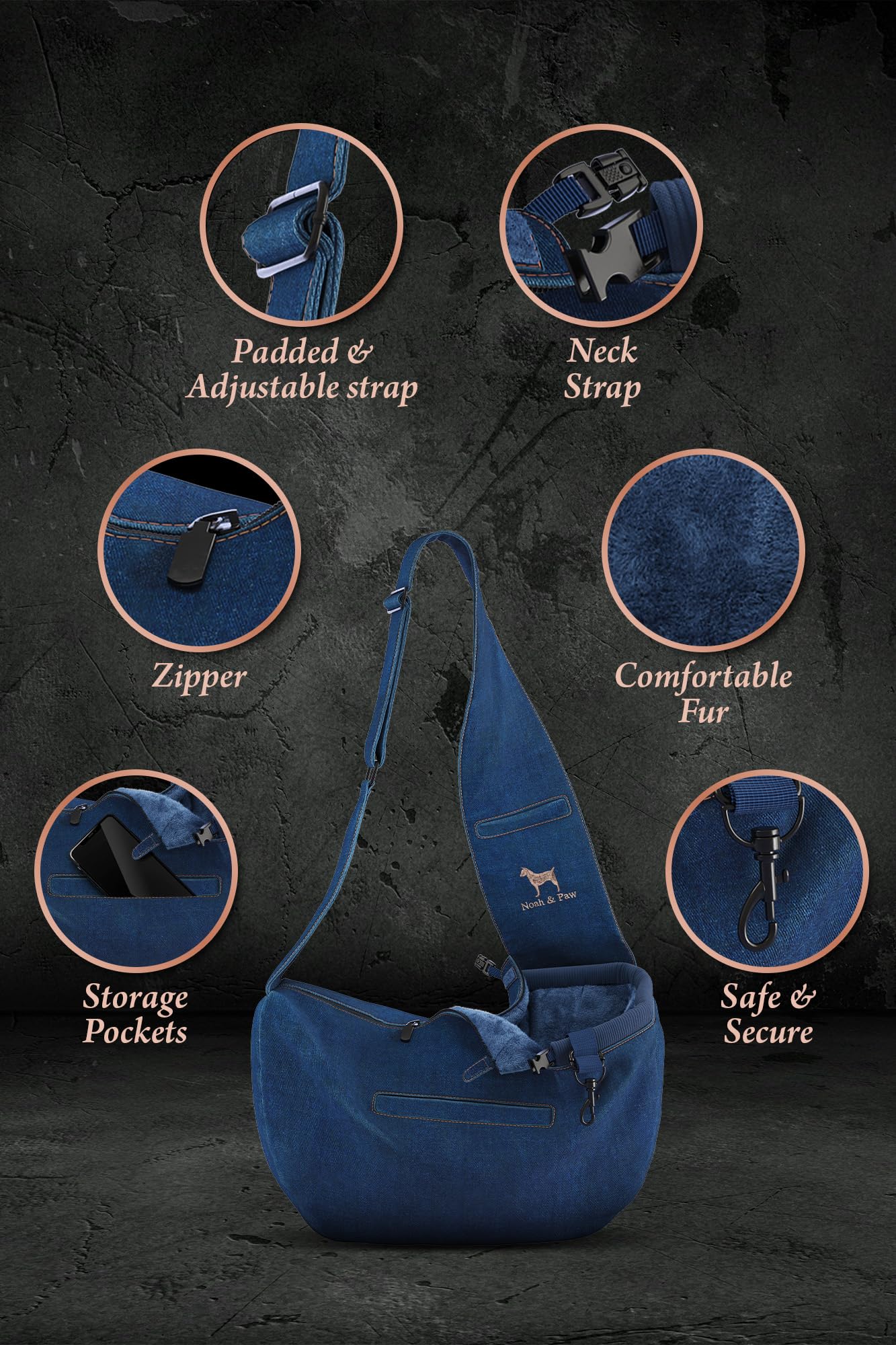 Noah & Paw sling magnetic pockets display built-in storage for keys and treats.