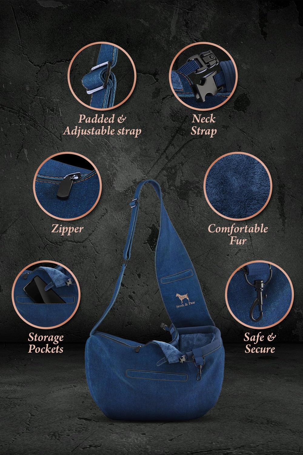 Noah & Paw sling magnetic pockets display built-in storage for keys and treats.