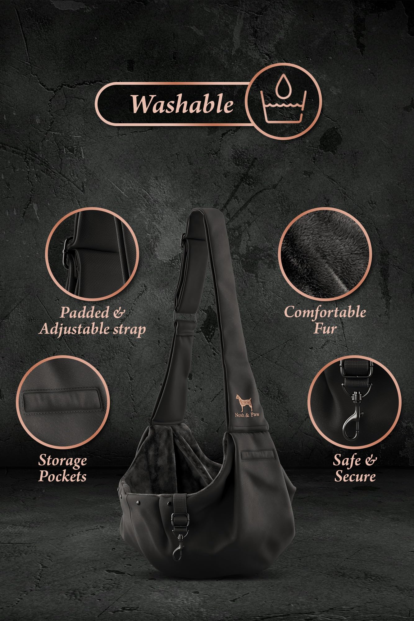 Noah & Paw sling magnetic pocket holds phone or treats during trips.
