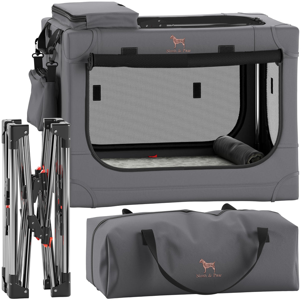 Noah & Paw collapsible dog crate folded for space-saving storage.