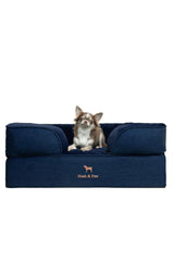 NOAH & PAW denim dog bed front view with supportive raised surface for pets