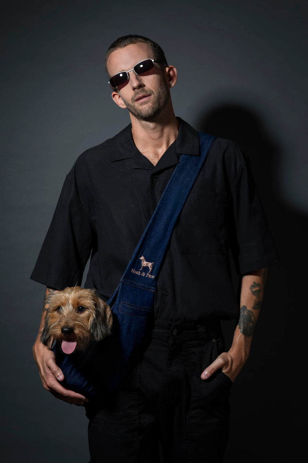 Noah & Paw denim sling ideal for walks and travel with your small pet.