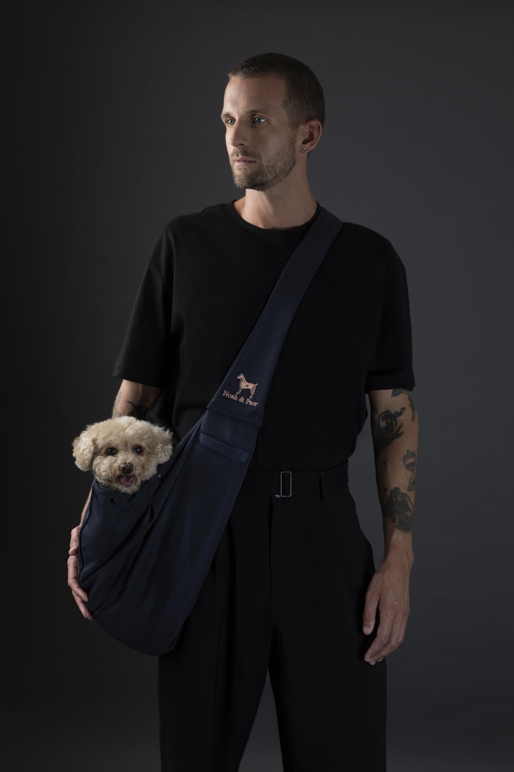 NOAH & PAW dog sling adjustable strap extended for comfortable walks