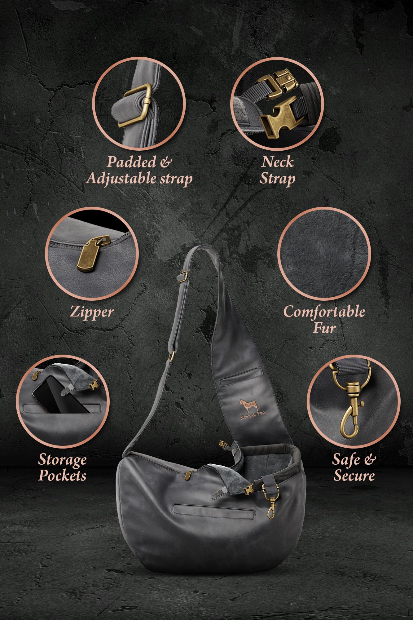Noah & Paw adjustable shoulder strap enables comfortable all-day wear.
