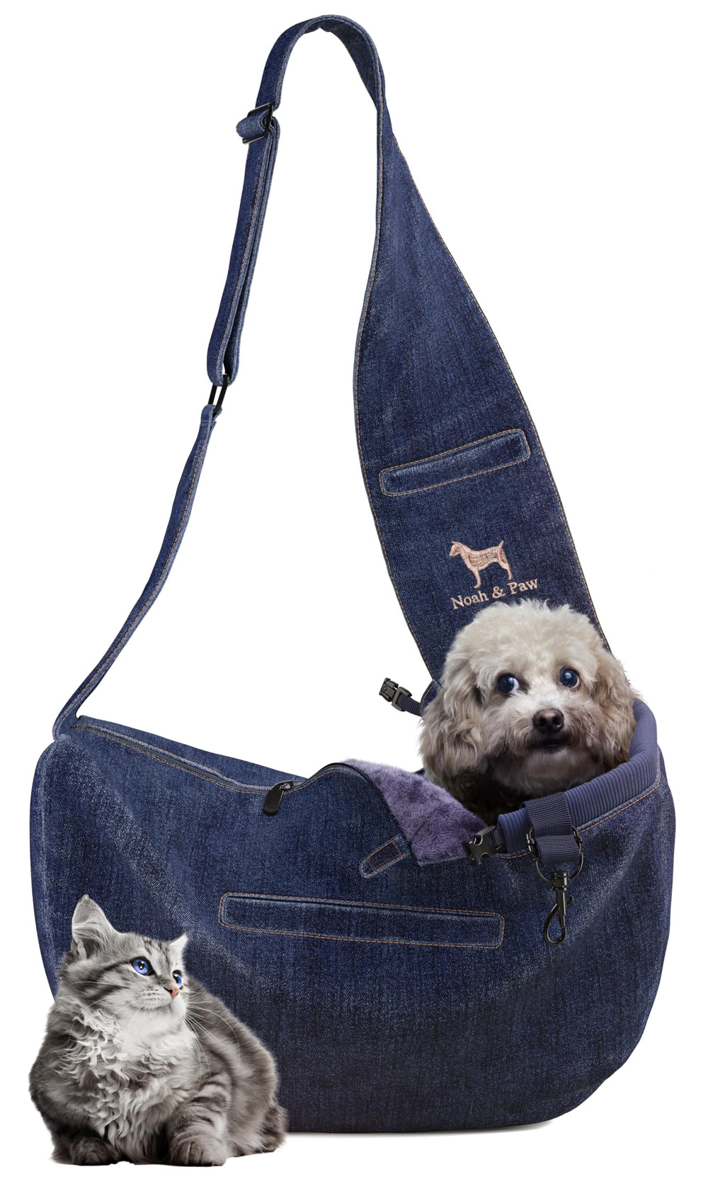 Noah & Paw denim sling close-up highlights premium fabric and comfort
