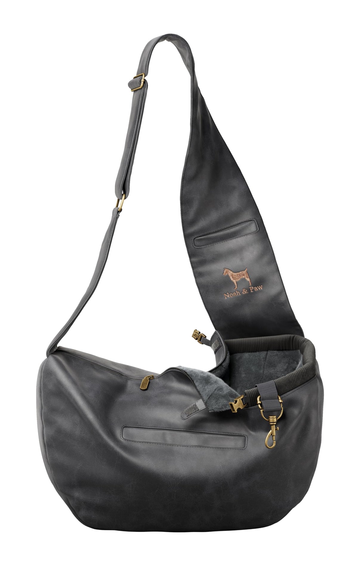 Noah & Paw dog sling carrier front view, secure travel comfort for small dogs.