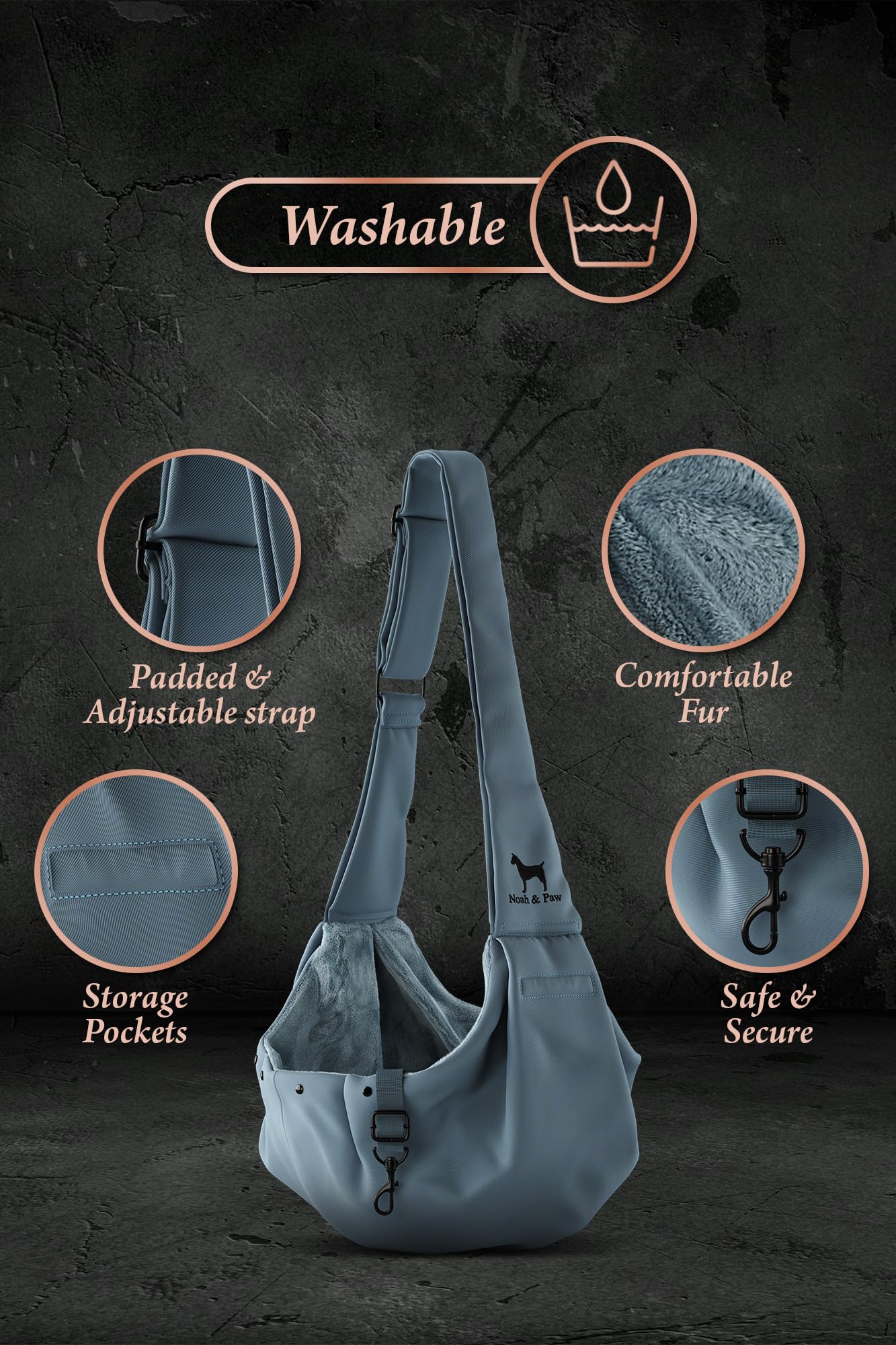 Noah & Paw dog sling carrier magnetic pocket for easy access during outings.