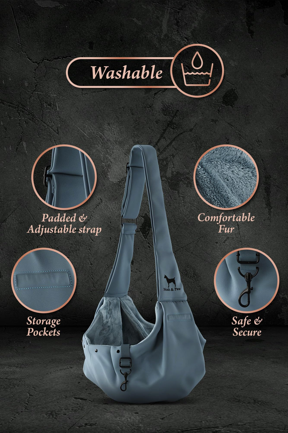 Noah & Paw dog sling carrier magnetic pocket for easy access during outings.