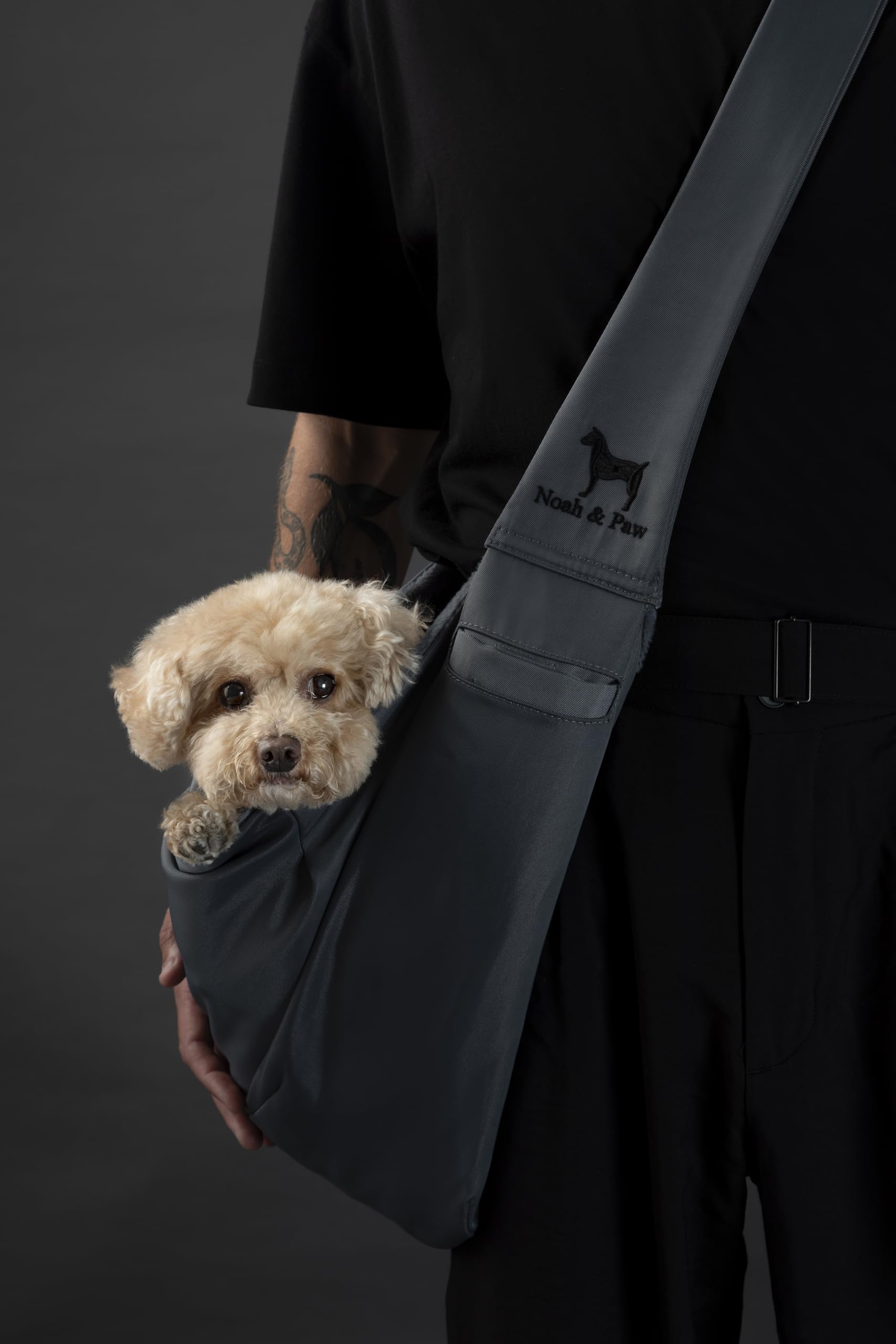 Noah & Paw dog sling carrier safety features close-up showing secure belt and snap.
