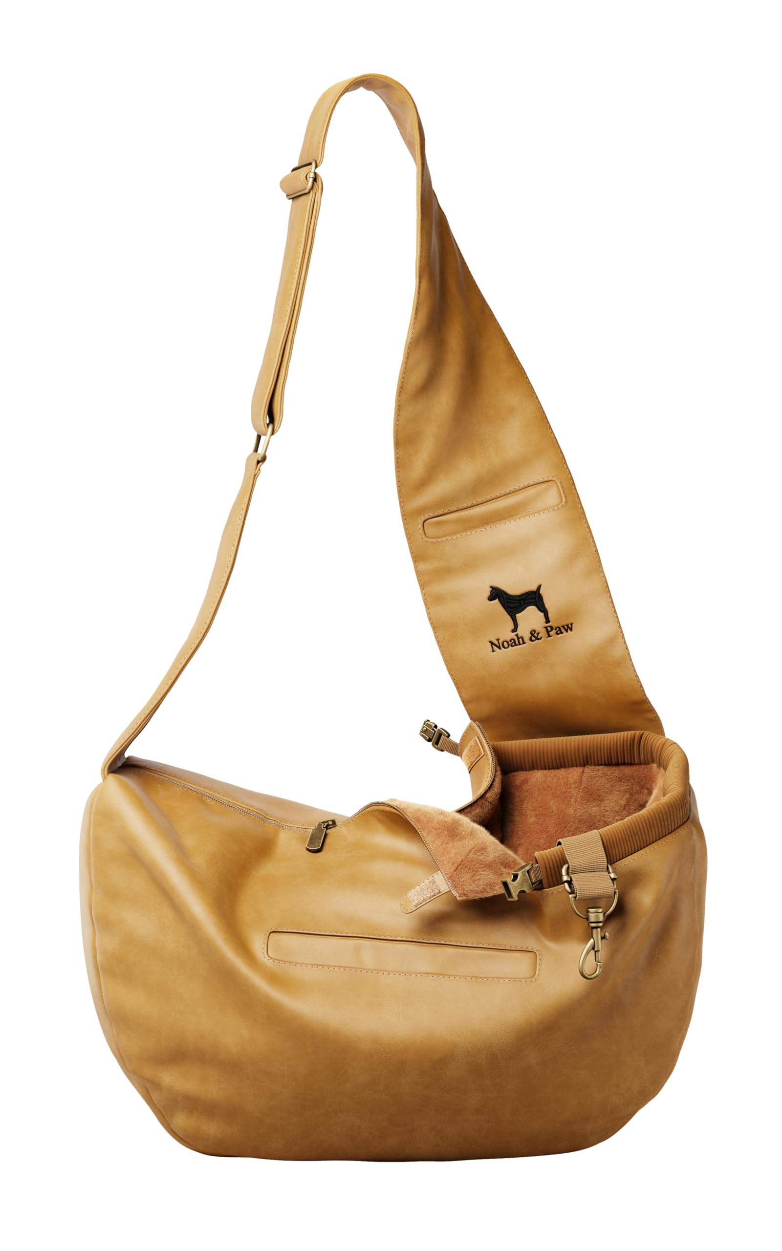 Noah & Paw dog sling carrier close-up shows vegan leather finish for stylish everyday outings.