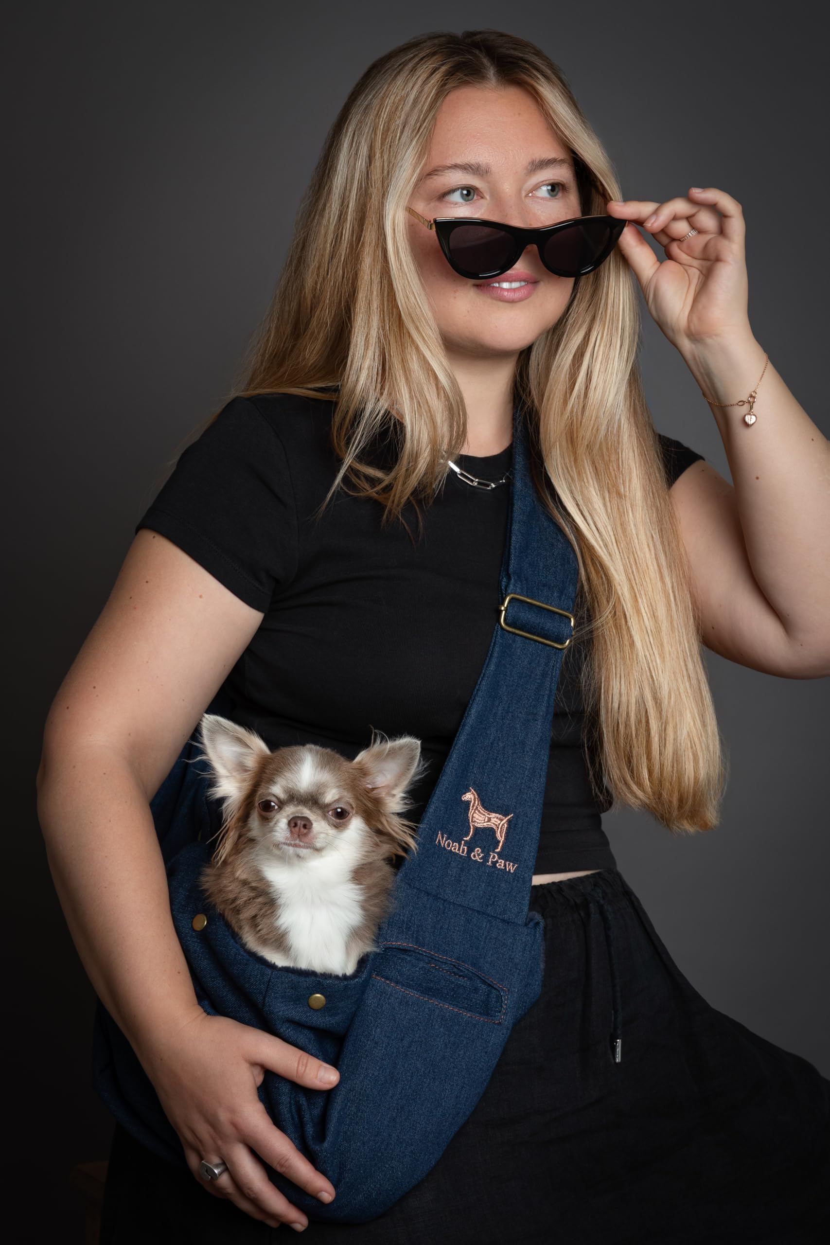 NOAH & PAW denim adjustable strap highlights customizable fit