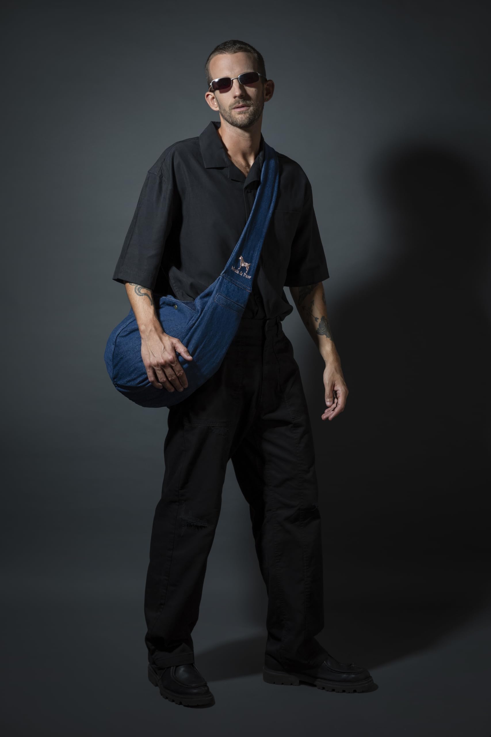 NOAH & PAW dog sling denim back view emphasizes secure travel with double safety