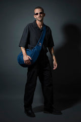 NOAH & PAW dog sling denim back view emphasizes secure travel with double safety