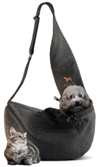 Noah & Paw dog sling denim material close-up showing premium fabric and cozy fur lining.