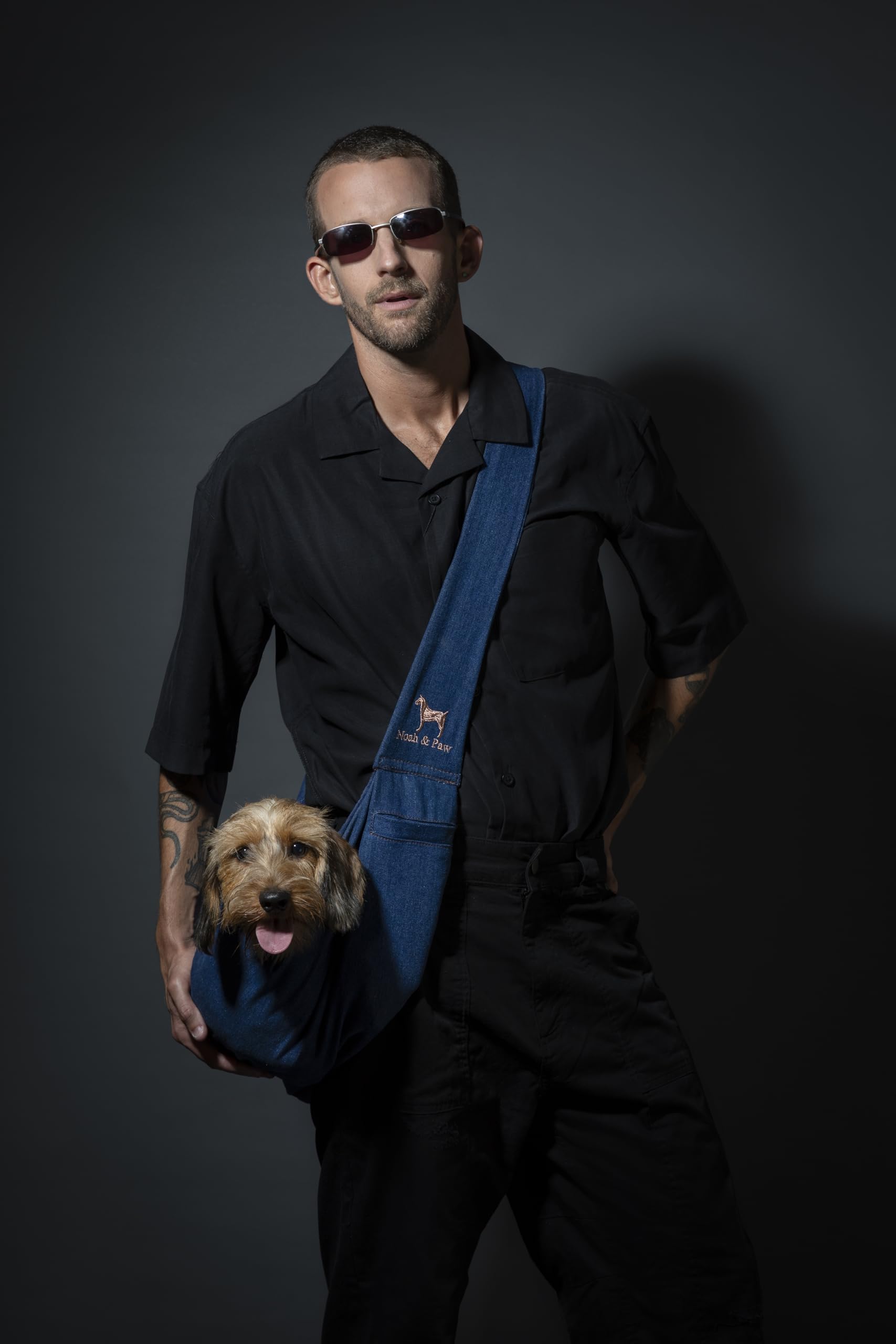 NOAH & PAW dog sling denim side view highlights adjustable strap