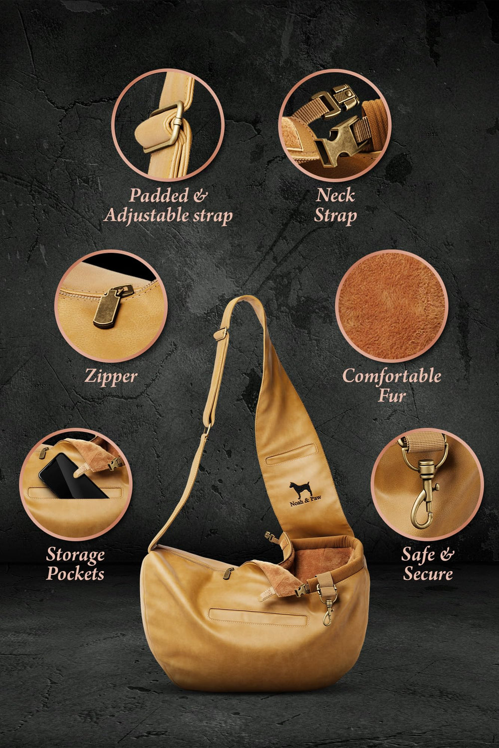 Noah & Paw sling interior fur lining visible for cozy comfort during travel.
