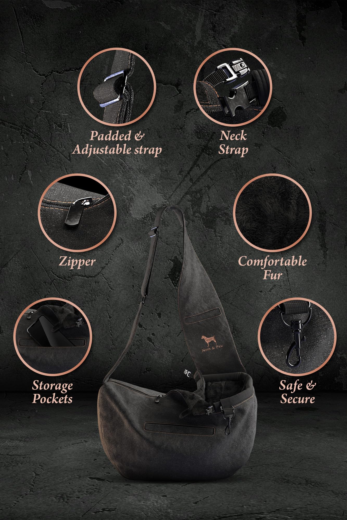 Noah & Paw dog sling magnetic pockets store phone, treats, or keys for easy access.