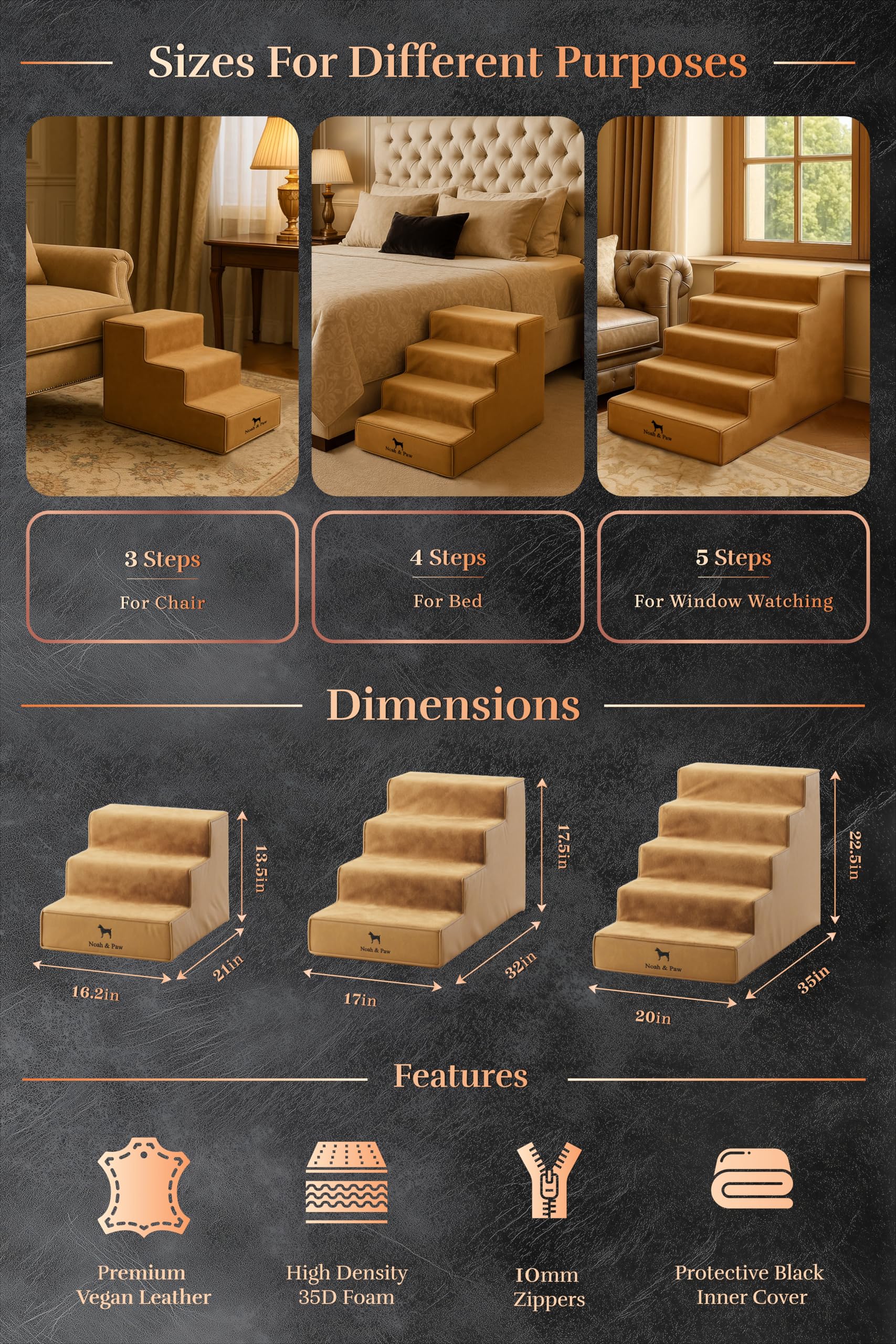 Noah & Paw dog stairs leather collection 17 inch wide steps for mid size furniture