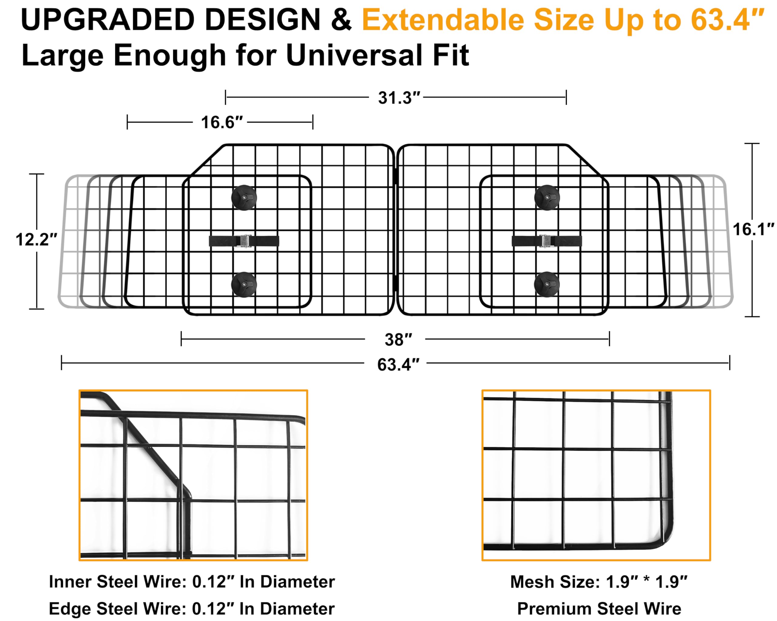 NOAMOO barrier extended to 63.4 inches demonstrates adjustable length for various vehicles.
