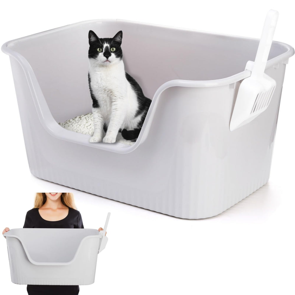 Noamus extra-large litter box with scoop ready for quick setup.