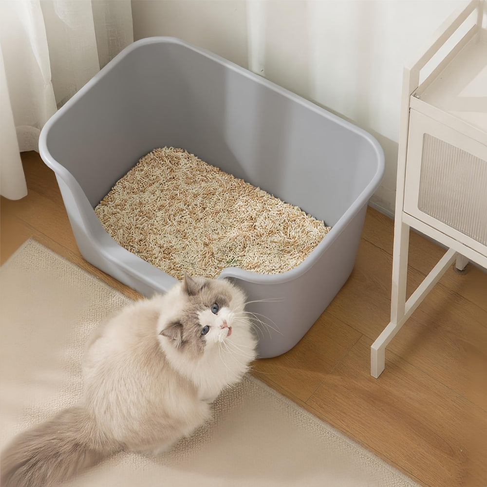Noamus grey 26x18x13 litter box for spacious cat comfort.