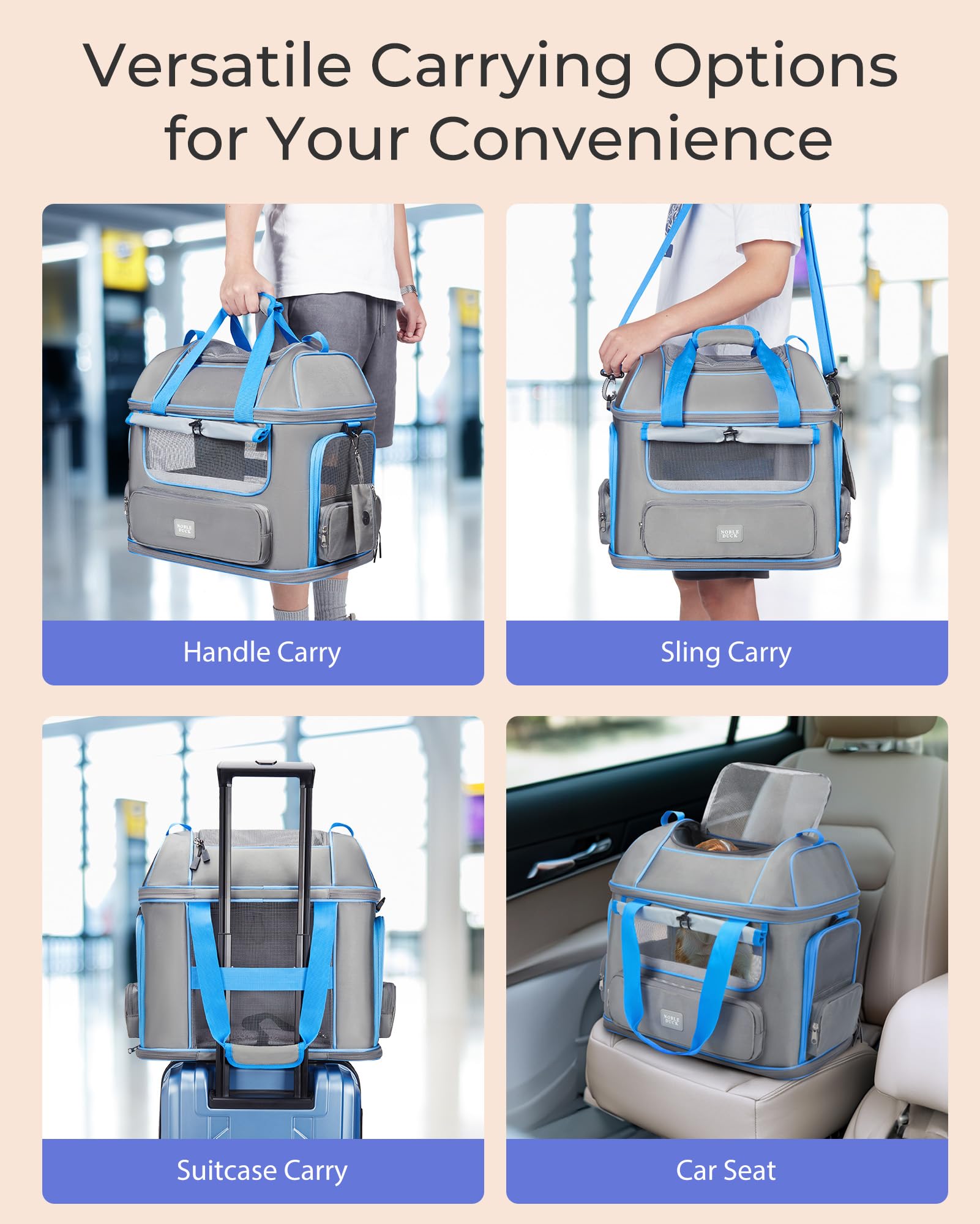 NOBLE DUCK carrier includes pockets, detachable pad and travel accessories
