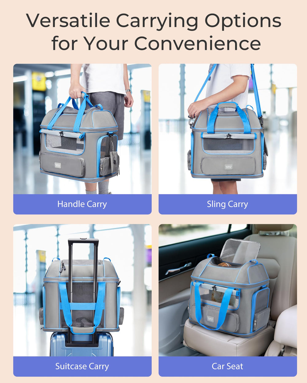 NOBLE DUCK carrier includes pockets, detachable pad and travel accessories