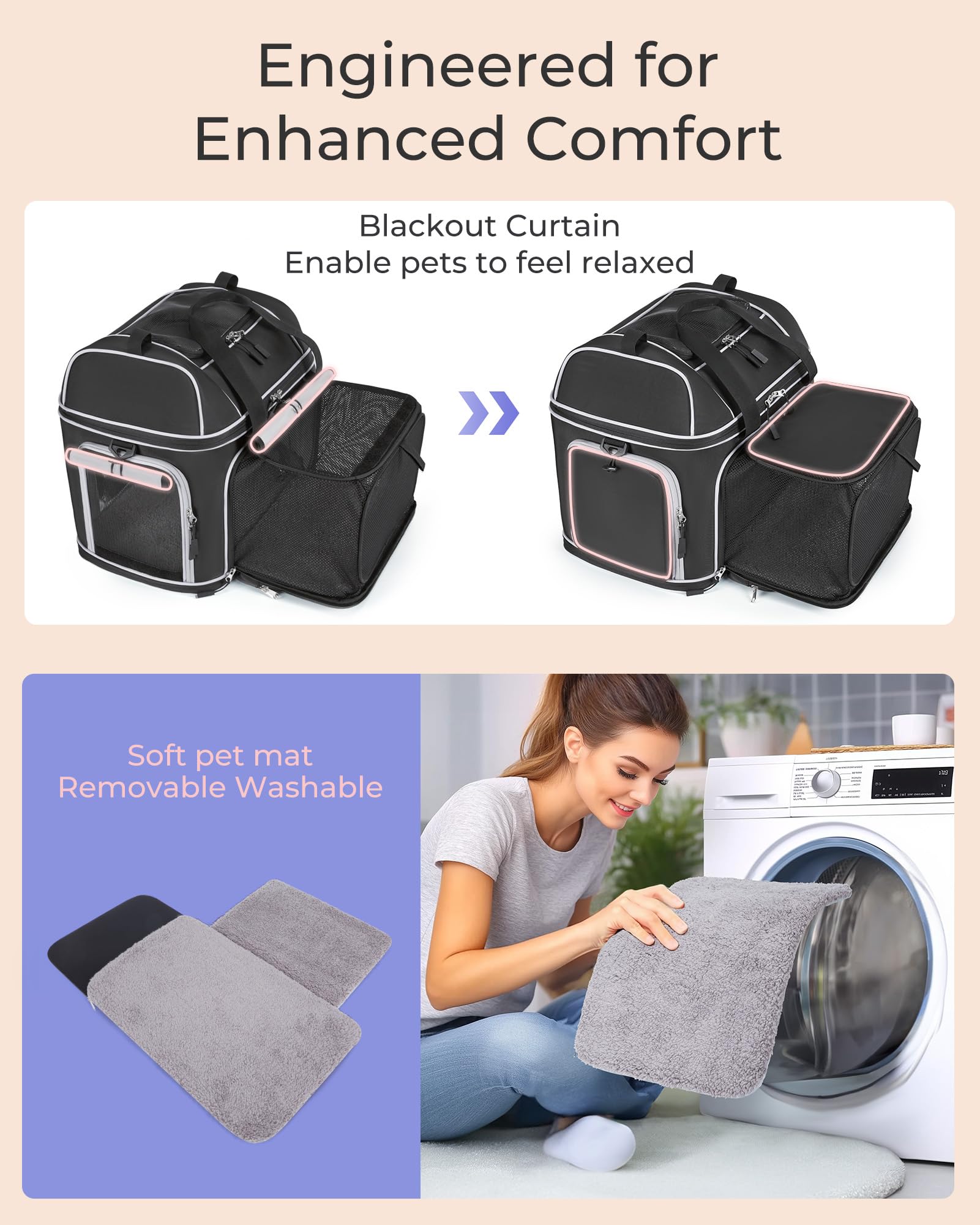 NOBLE DUCK expandable carrier back view emphasizes carry handle and suitcase compatibility.