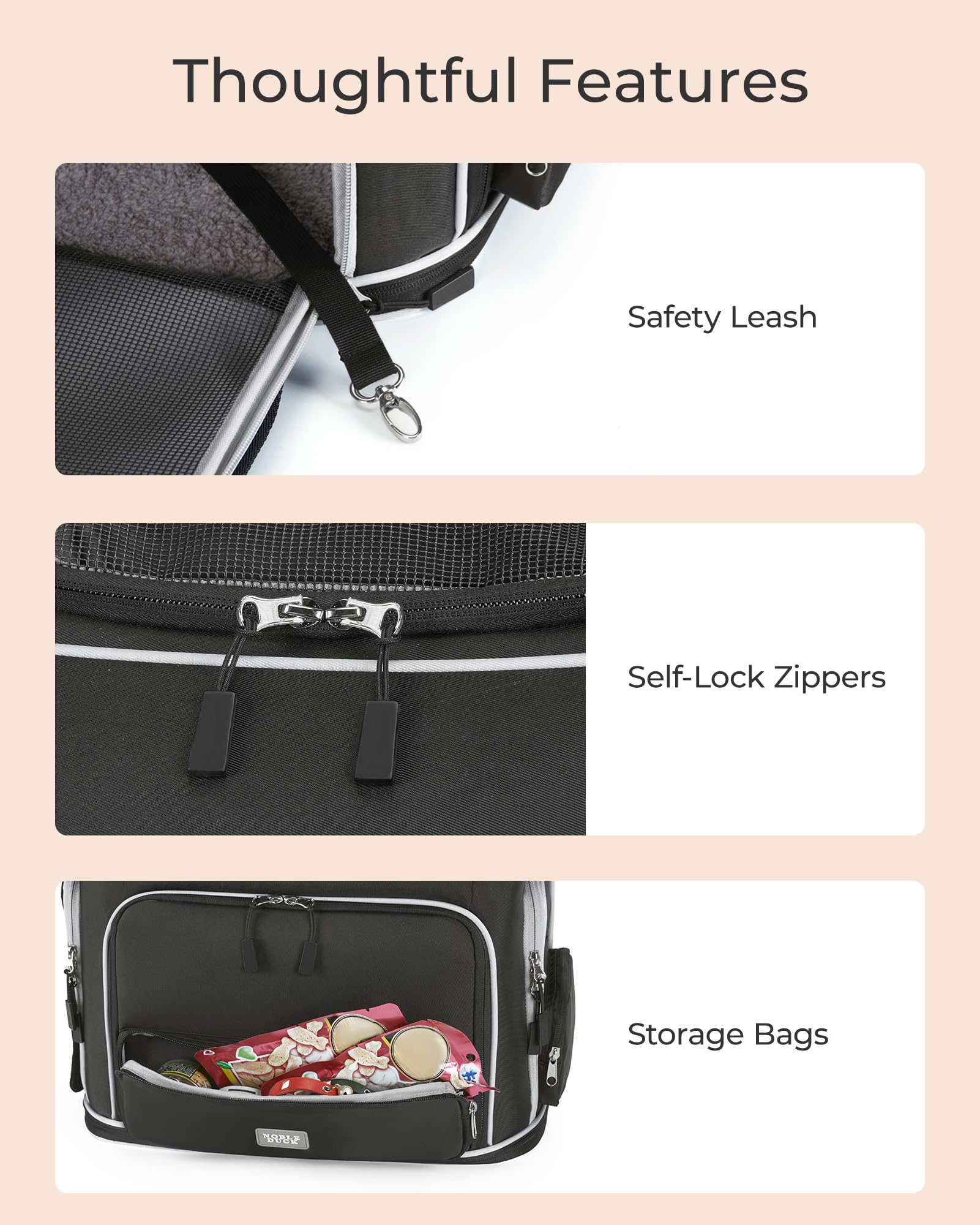 NOBLE DUCK expandable carrier in-use demonstrates pet comfort during travel.