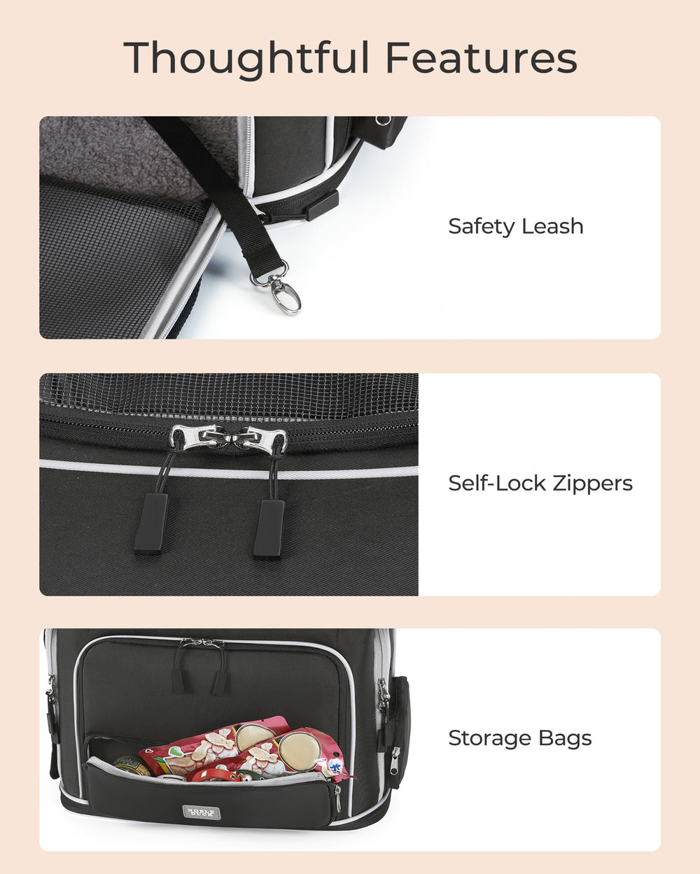 NOBLE DUCK expandable carrier in-use demonstrates pet comfort during travel.