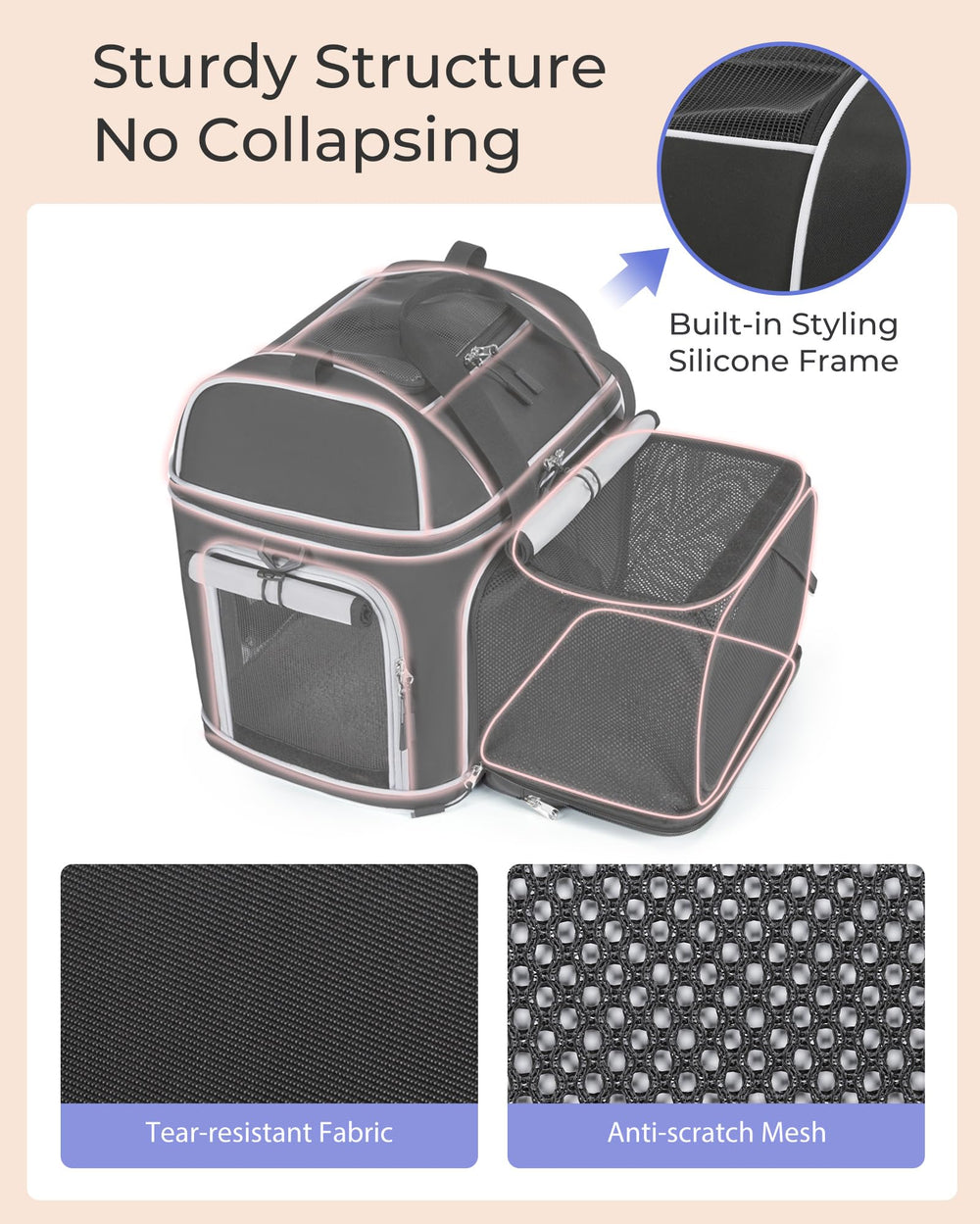 NOBLE DUCK expandable carrier inside detail emphasizes ventilation mesh and safety leash.