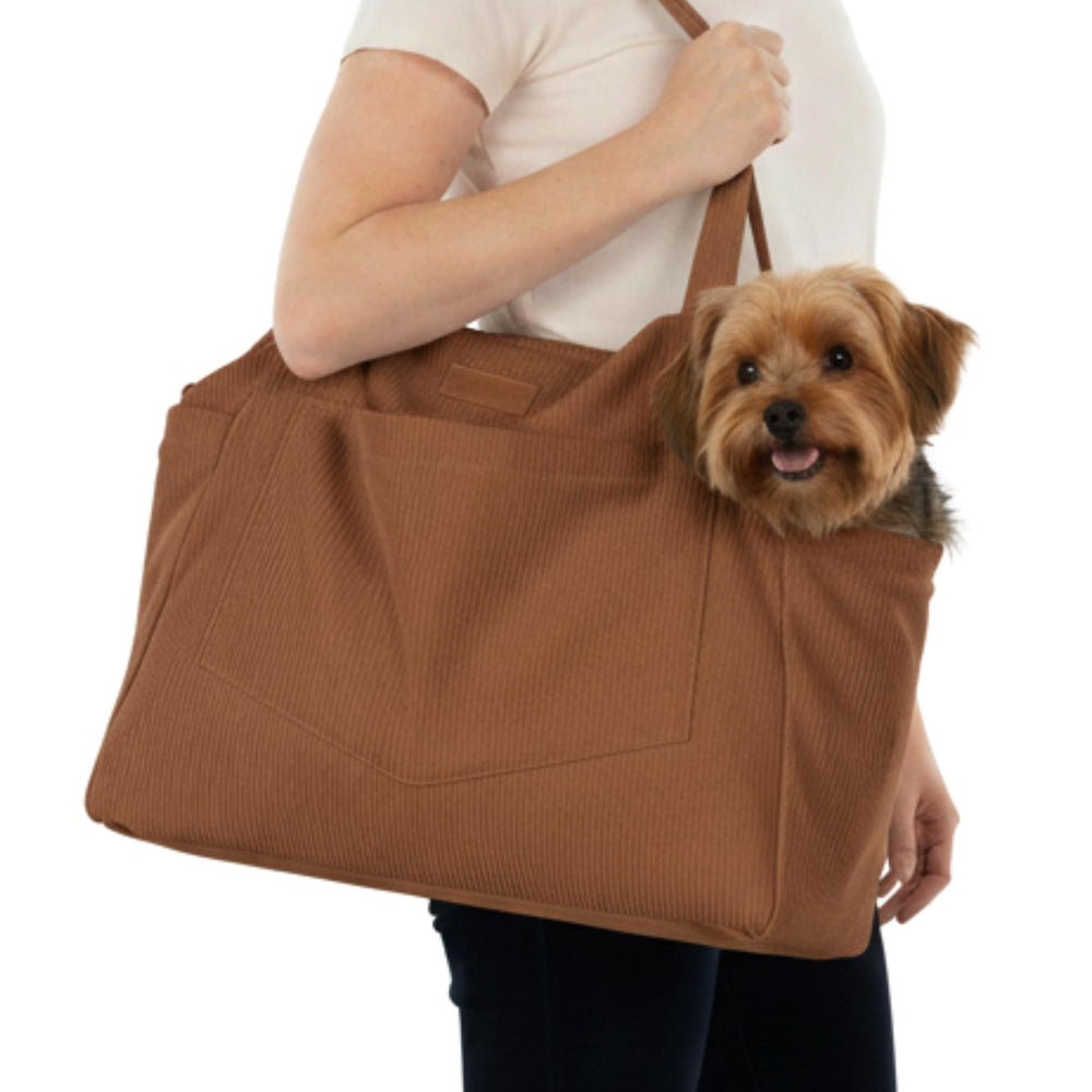 NoblePup Corduroy Dog Purse Exterior shows soft fabric for travel with small dogs